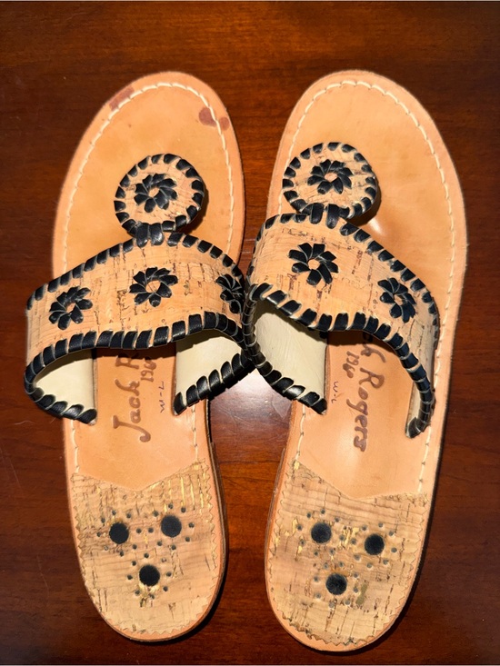 Jack Rogers Shoes - Jack Rogers Tan Cork Sandals with Black Whipstitch